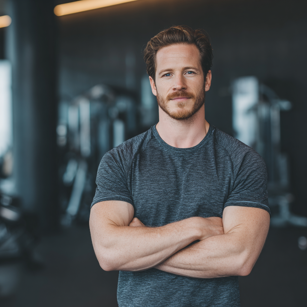 Confident man in athletic wear standing with crossed arms in modern gym environment
