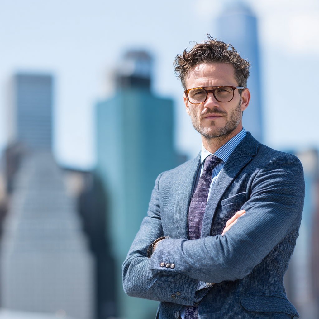 Determined man in business attire looking confident against city skyline background